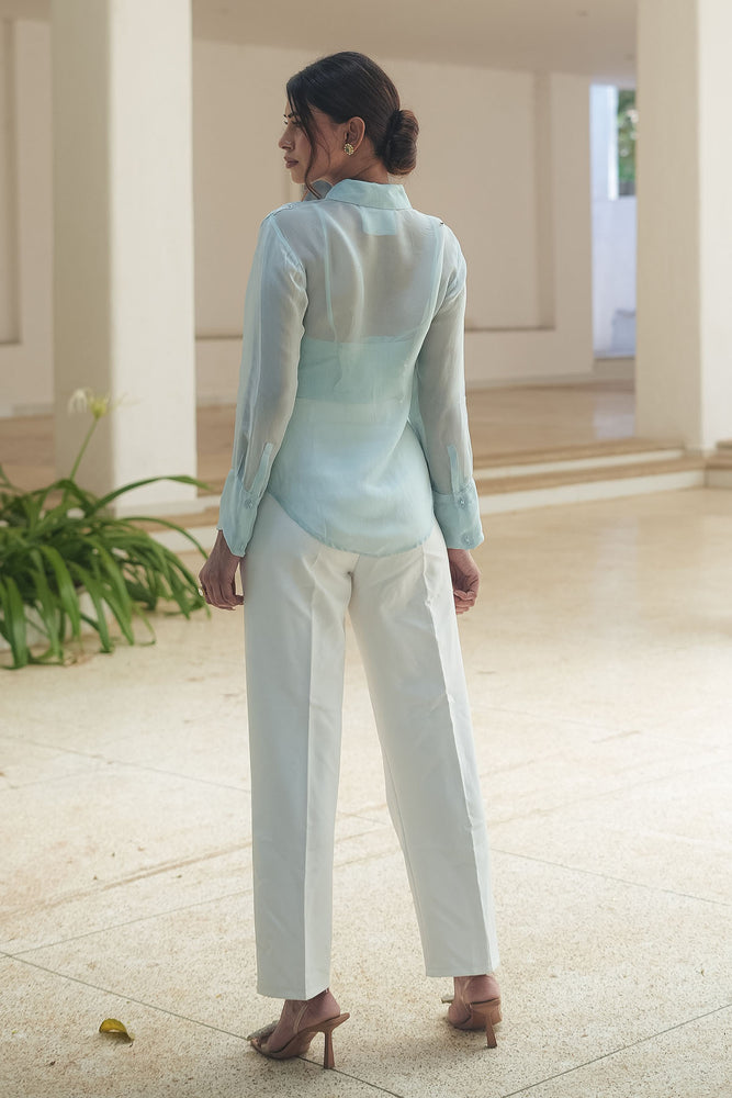 
                  
                    Powder Blue Applique Organza Shirt
                  
                