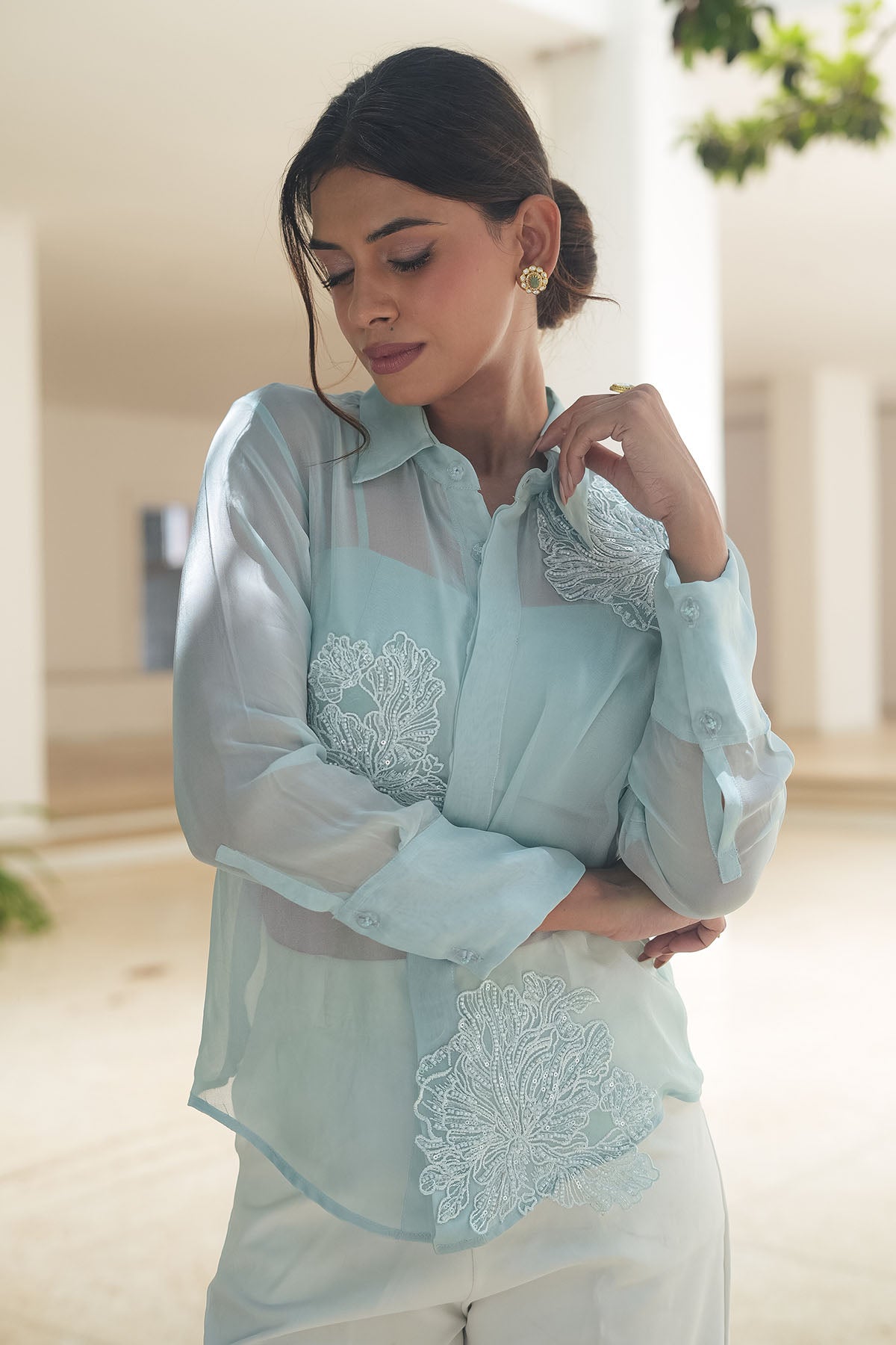 
                  
                    Powder Blue Applique Organza Shirt
                  
                