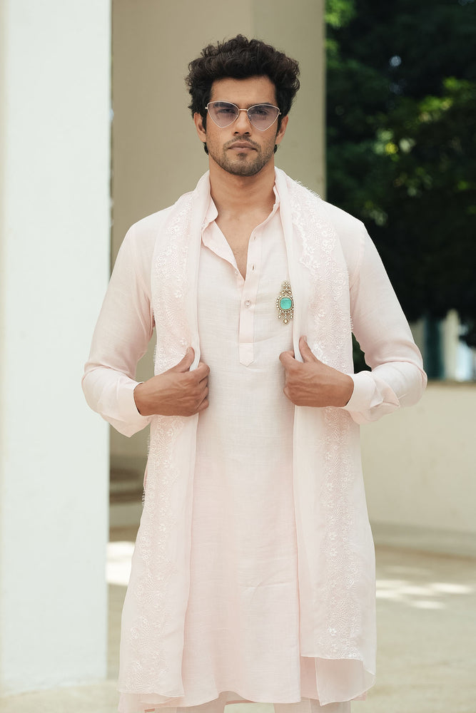 
                  
                    Pastel Pink Cotton Linen Mens Kurta Set
                  
                