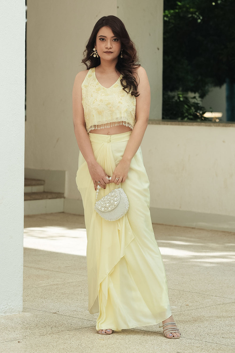 Pastel Yellow Monotone Draped Skirt Set