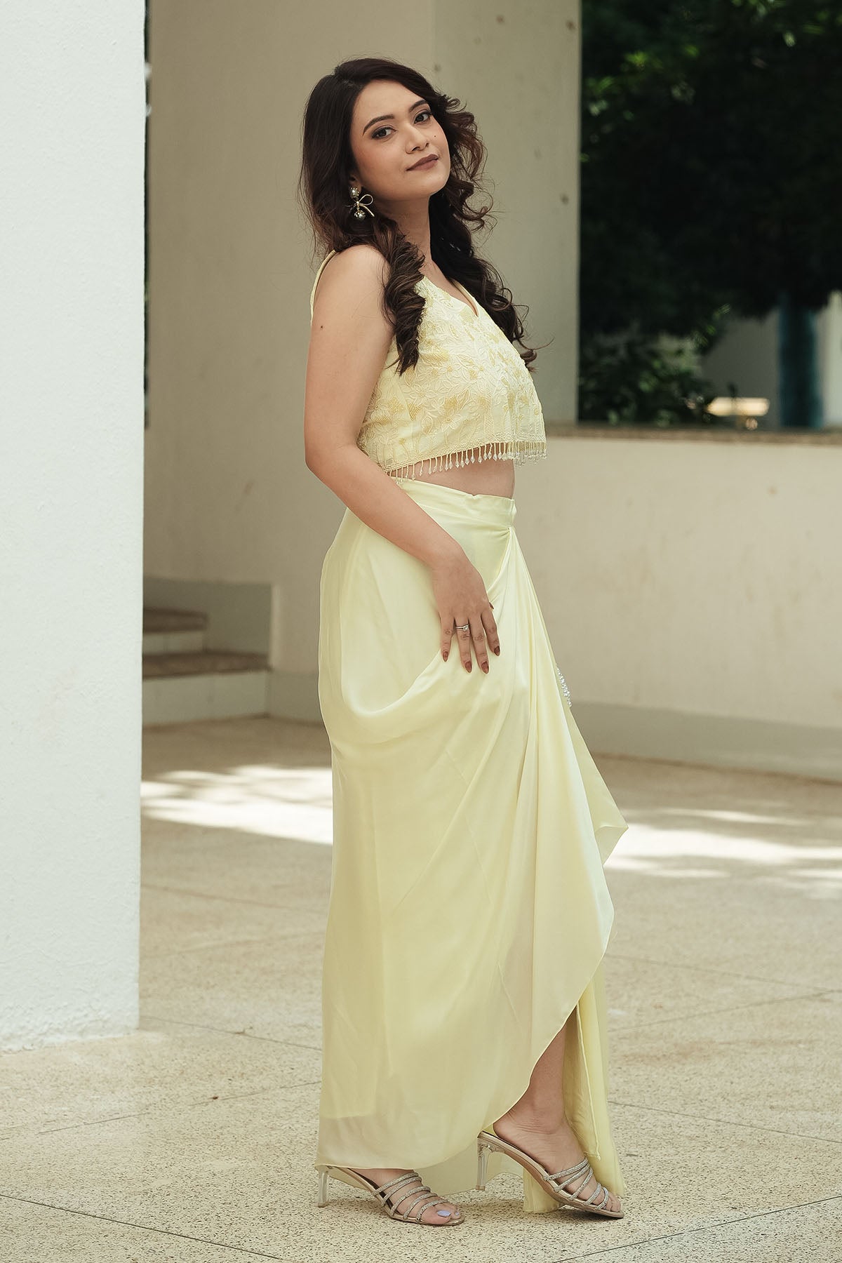 
                  
                    Pastel Yellow Monotone Draped Skirt Set
                  
                