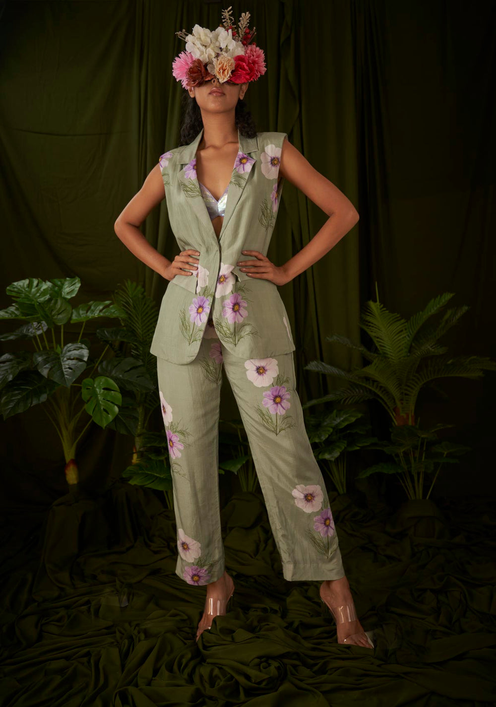 Daisy flower Printed Sleeveless Pant Suit