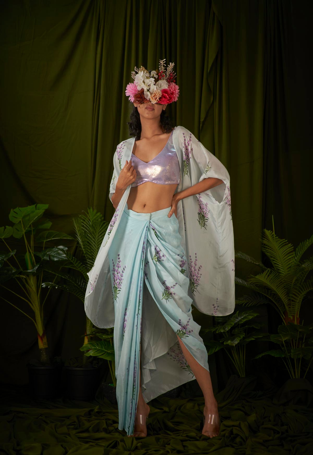 
                  
                    Lavender Flower printed draped skirt set
                  
                