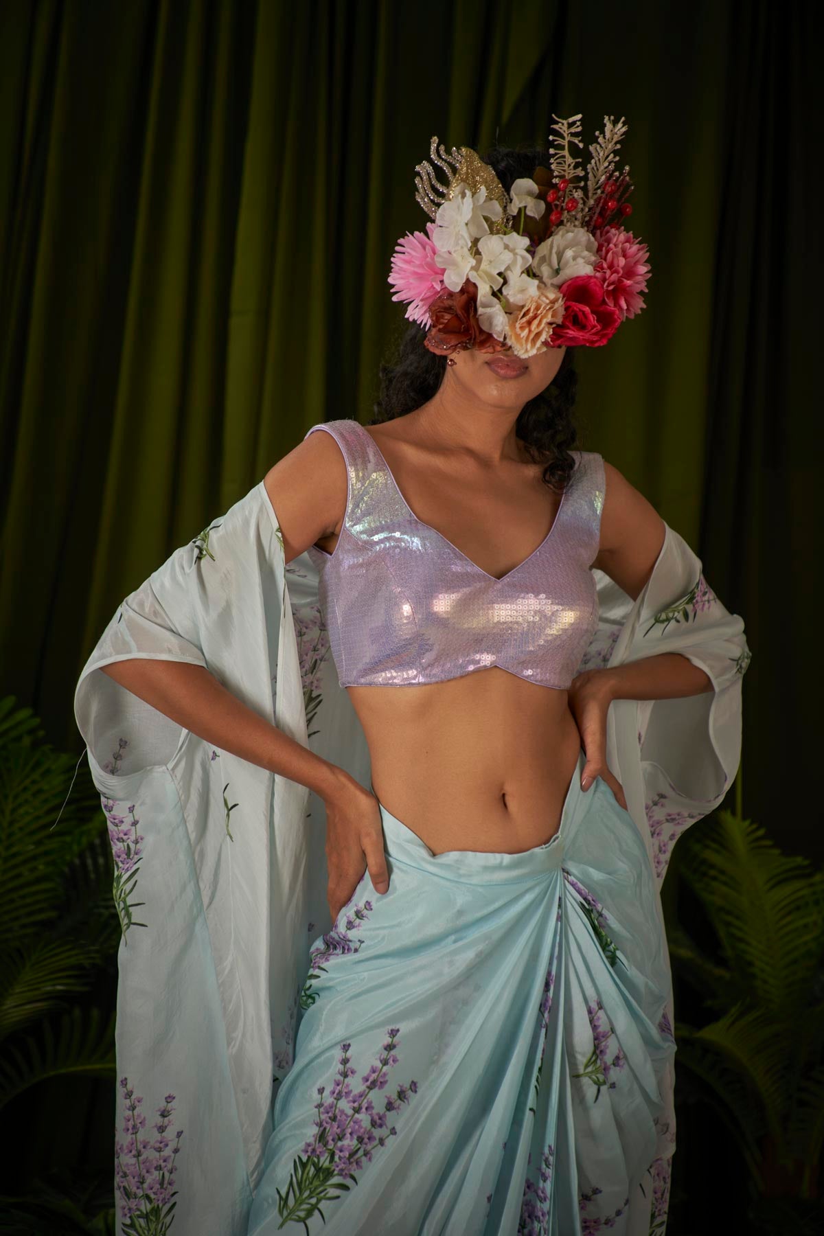 
                  
                    Lavender Flower printed draped skirt set
                  
                