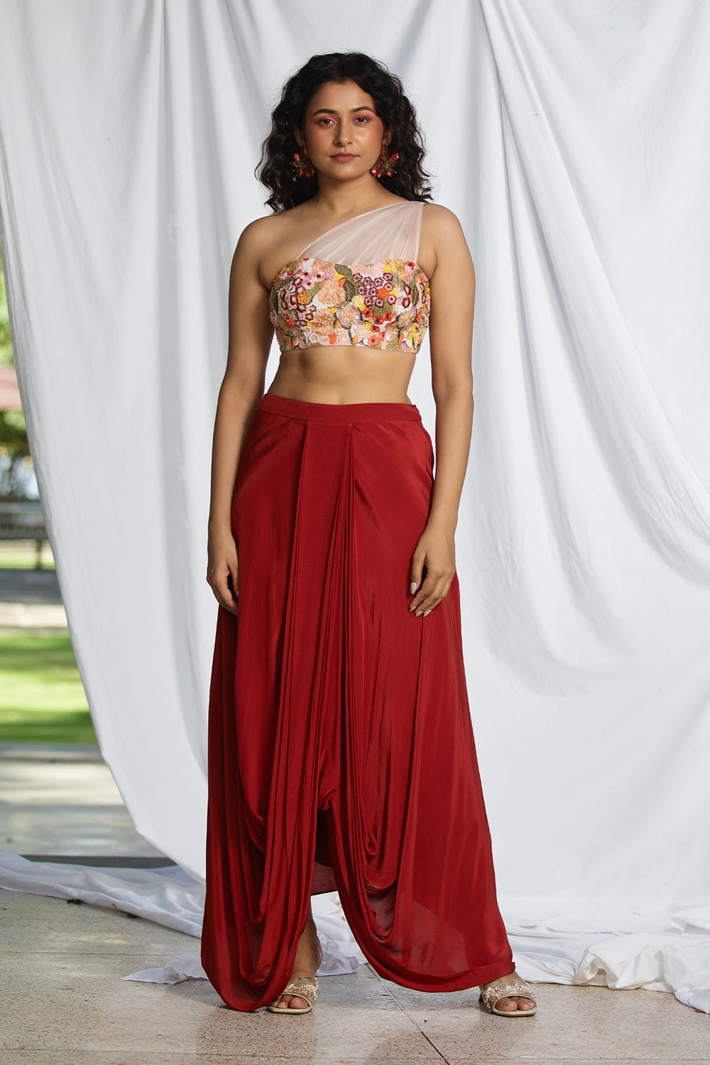 Botanical embroidered blouse with dhoti skirt