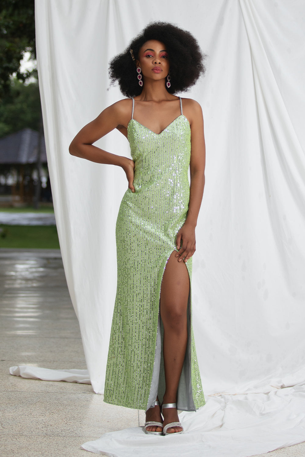 Striped sequin strappy slit cocktail gown