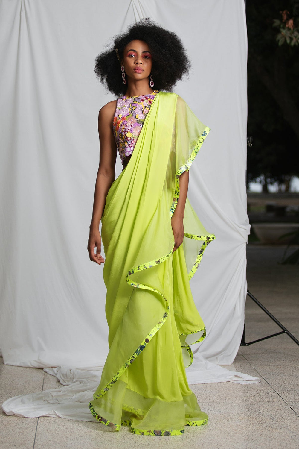 Neon ruffled saree with blouse