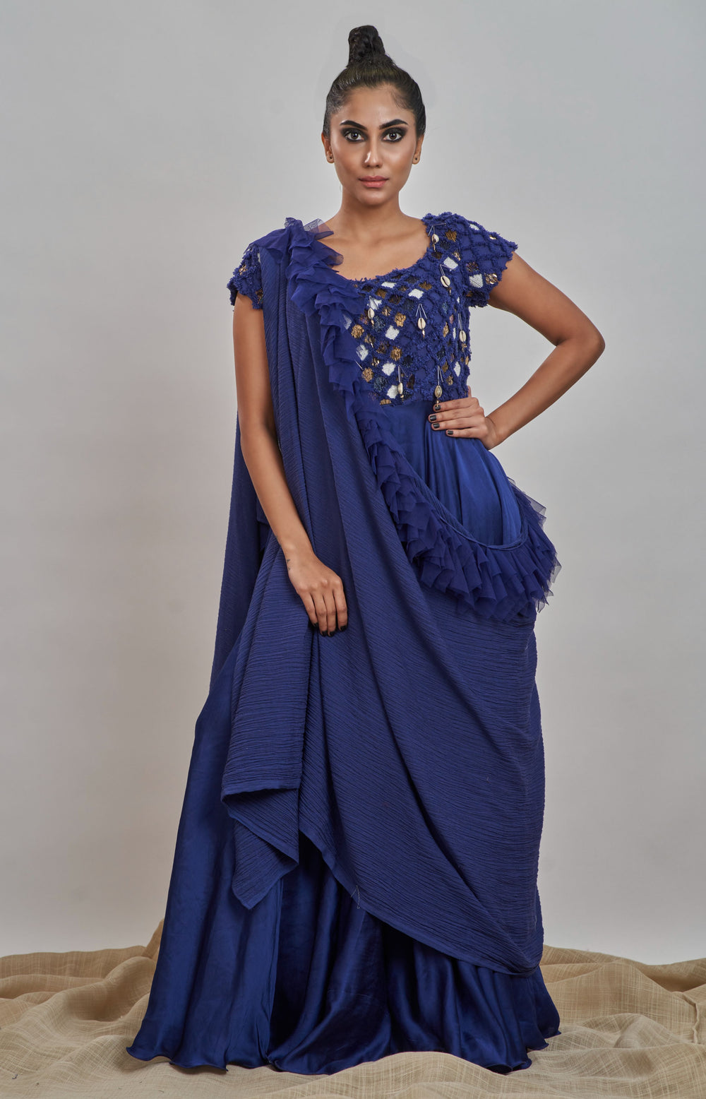 Blue candle work gown with shash