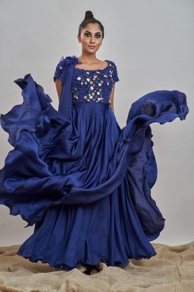 
                  
                    Blue candle work gown with shash
                  
                