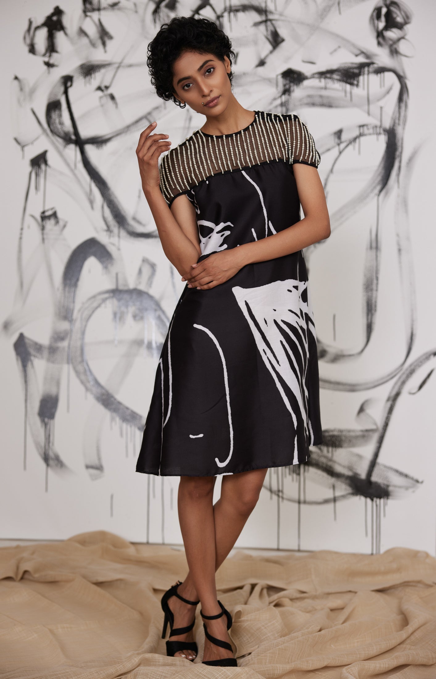 
                  
                    Black Chalk Scribble Shoulder Bib Embroirdered Dress
                  
                