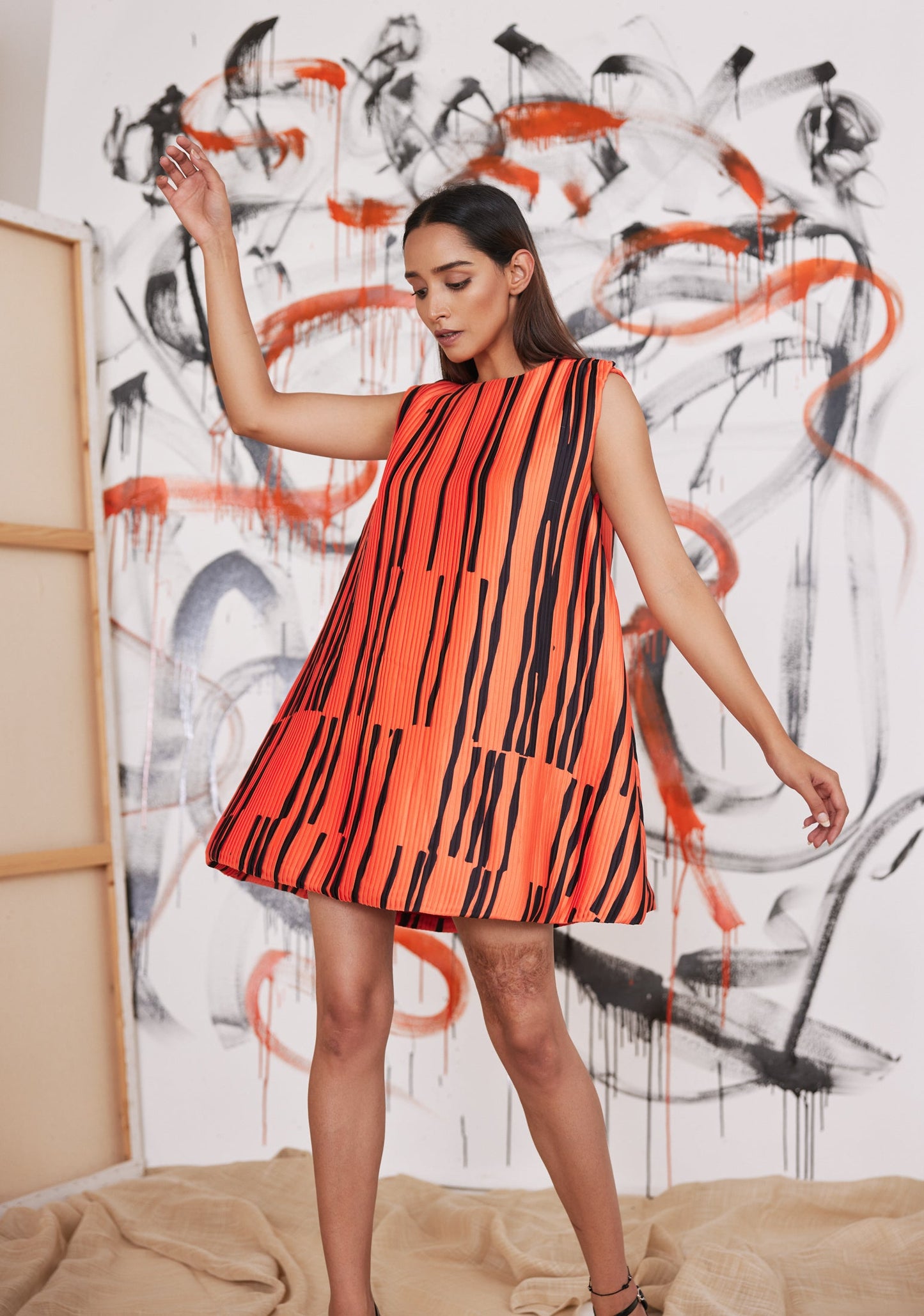 
                  
                    Orange Piano Striped Pleated Trapezoid Dress
                  
                
