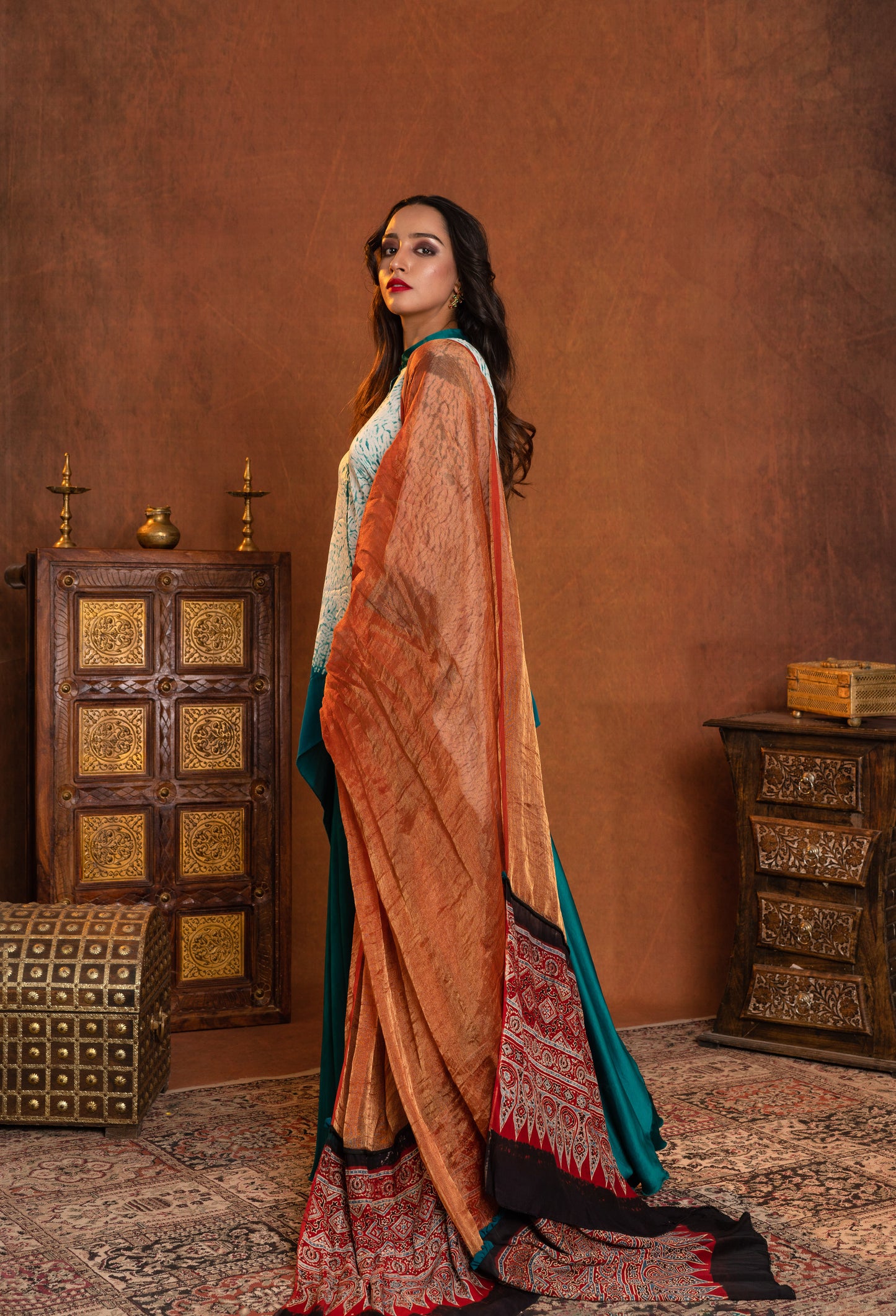 
                  
                    Shibori short kaftan styled with pallazo and ajrakh pallu
                  
                