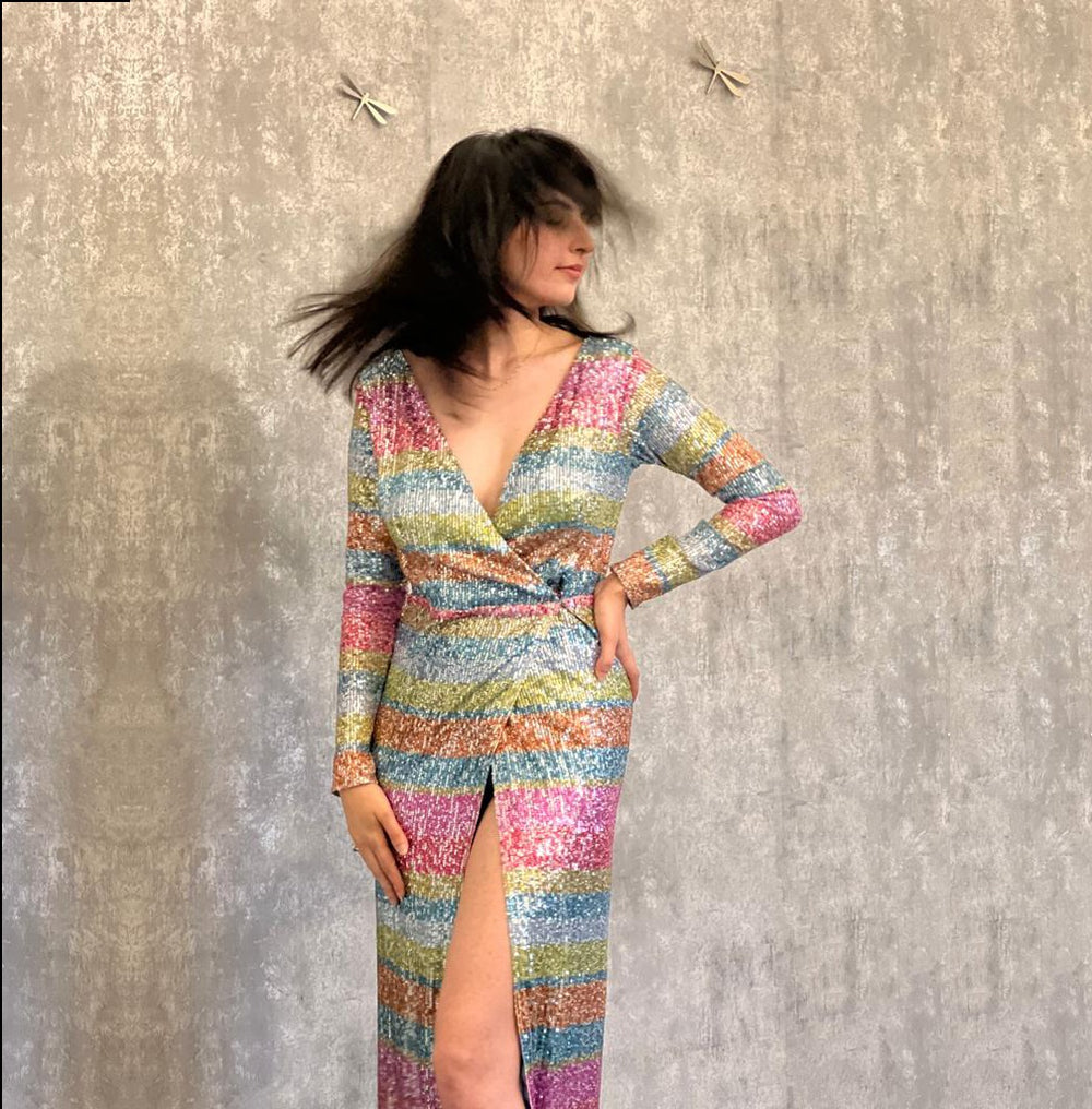 biba rainbow sequin dress Floating By Plunging Neckline Mini Dress Sequin Rainbow