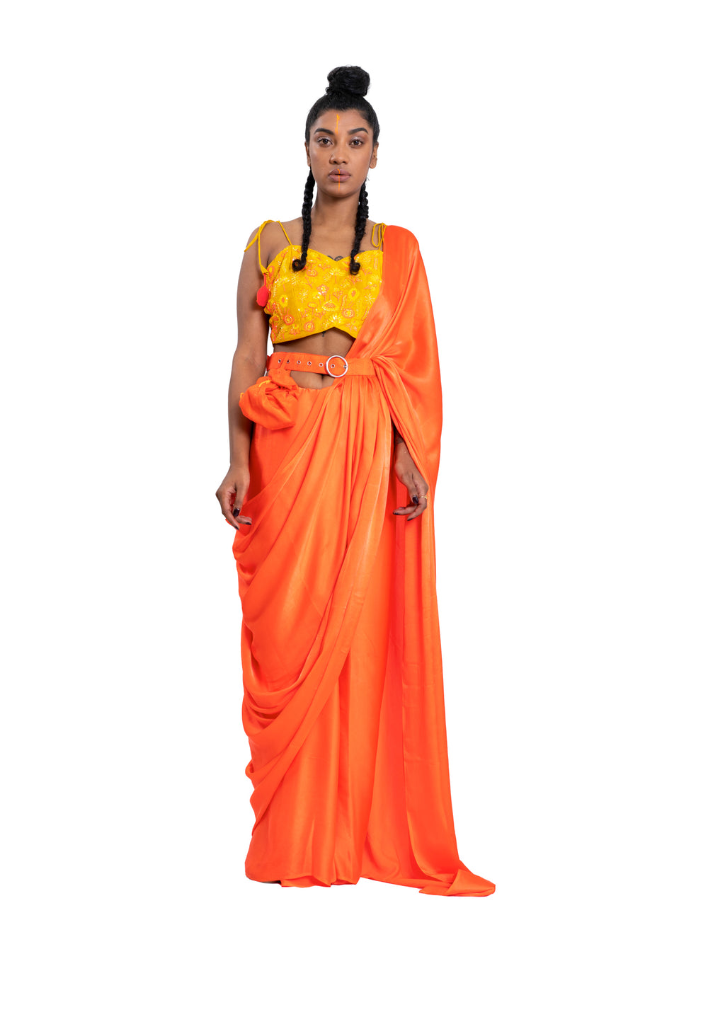 Pure Satin Neon Orange Saree Styled With Neon Embroidered Sequin Blouse.