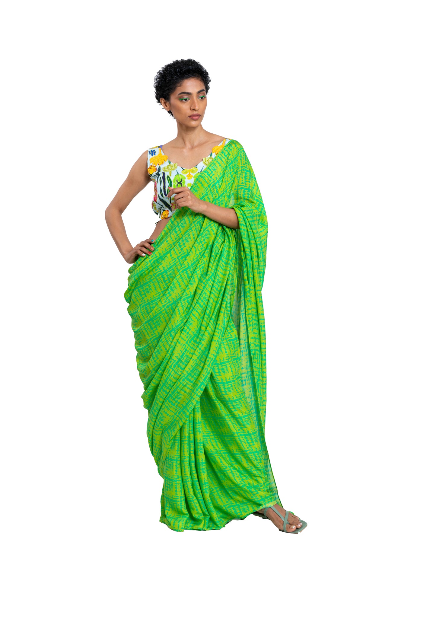 
                  
                    Digital Shibori Saree With Floral Pop Embroderied Blouse
                  
                