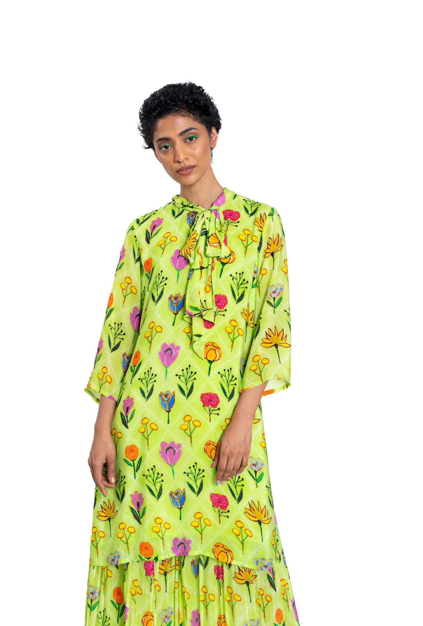 
                  
                    Checkered Floral Neck-Tie Kurta with Pleated Pallazo
                  
                