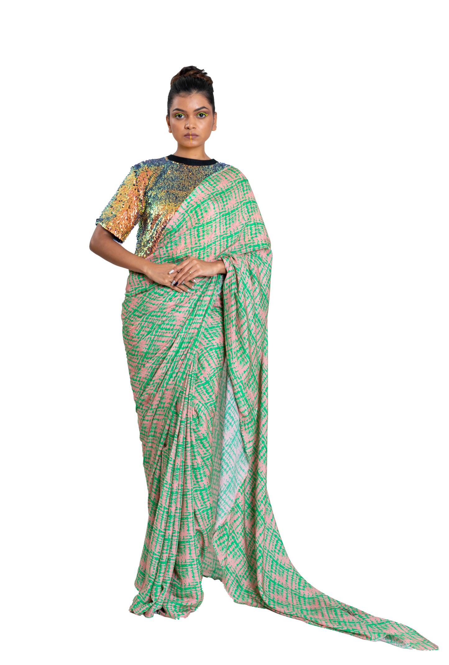 
                  
                    Digital Shibori Saree With Holographic Sequin Blouse
                  
                